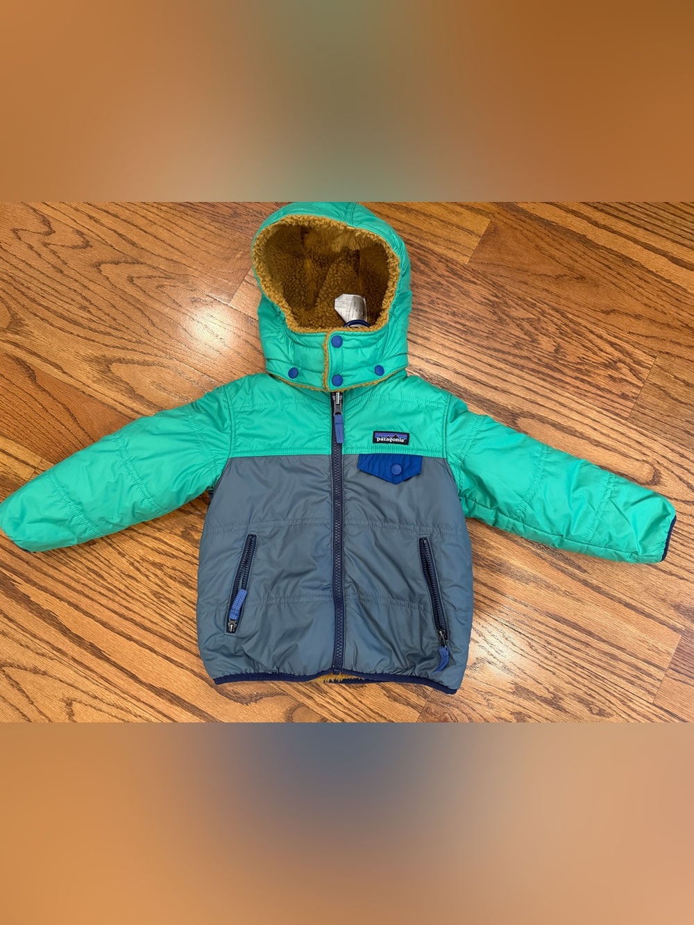 Patagonia Kids Teal and Gray Colorblock Hooded Puffer Jacket